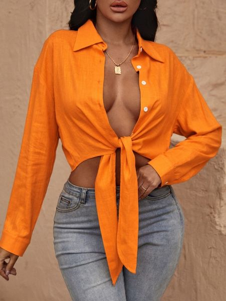 

sxy tie front single breasted crop blouse d9m0#, White
