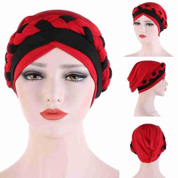 

islamic muslim turban hair bonnet cap beanie skull hat turbanet two-color single braid spell spandex headwear, Blue;gray