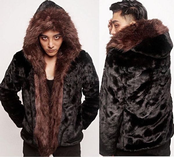 

s-5xl new fashion clothing men's winter hooded imiation coat men clothes 2020 male faux fur coat, Black