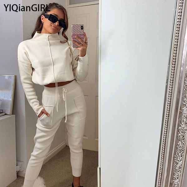 

new fashion all-match high neck cropped sweatshirt pullover hoodie pants suit casual simple style sweater suit1, Gray