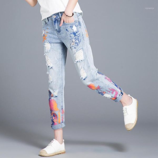 

color painting jeans woman easy nine part pants korean student pants ripped jeans for women1, Blue