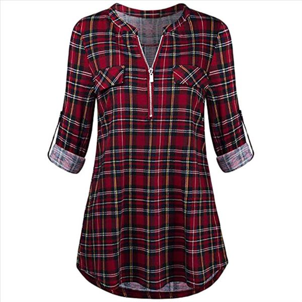 

z20 red plaid womens and blouses zipped v neck rolled long sleeve female shirts casual ladies clothing blusa feminina, White
