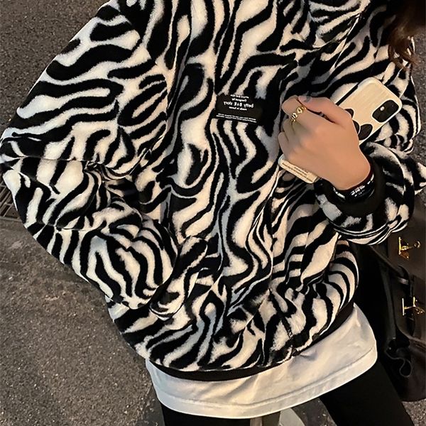 

[zebra pattern series] plush jacket winter new thick warm short jacket women all-match jacket 201210, Black;brown