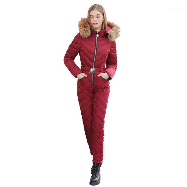

new elegant women ski suit casual long zipper warm cotton padded hooded jacket coat one piece jumpsuits winter tracksuits1, Black