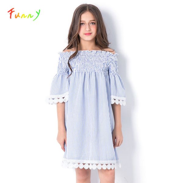 

princess dress girl off-shoulder lace kids summer dress 2019 striped birthday party teenage dress for girls 10 to 12 years t200709, Red;yellow