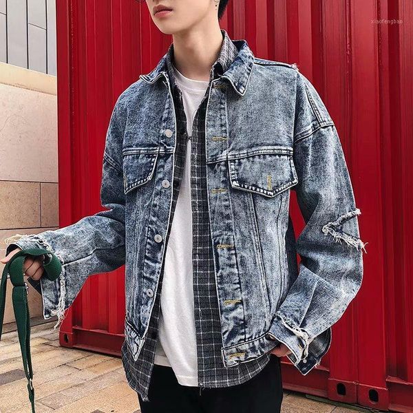 

2020 spring and autumn new style case men's wear retro trend denim jacket handsome teenager patch fold-down collar denim jacket1, Black;brown