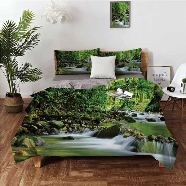 

mountain stream in a tropical rain forest foliage countryside wilderness scenecartoon skin friendly three piece set