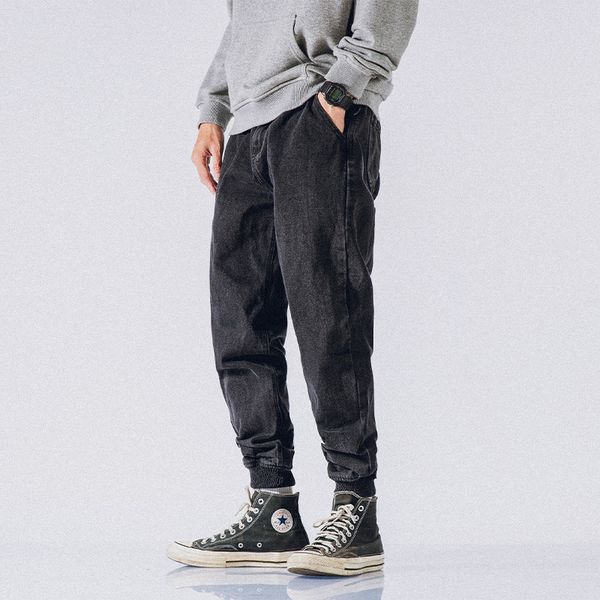 

2021 new japanese vintage fashion men jeans loose fit spliced designer denim cargo pants black wide leg harem trousers hip hop joggers bx2d, Blue