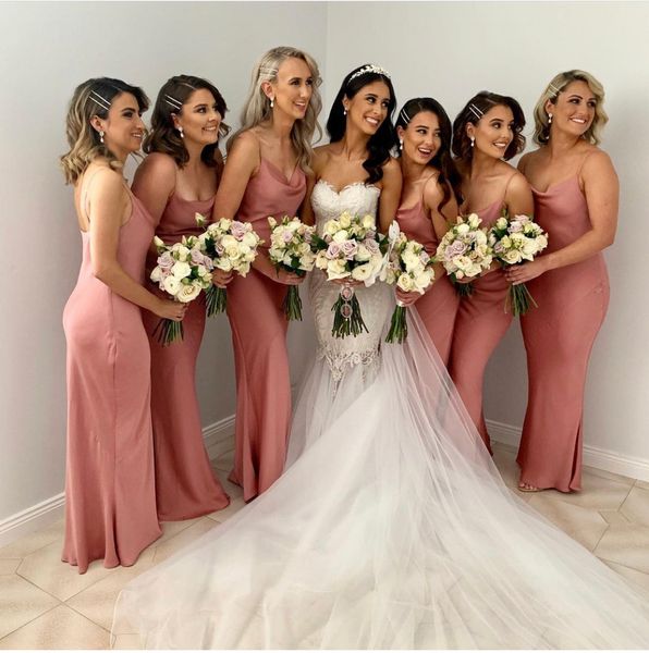 

dusty rose new bridesmaid dresses 2021 sheath spaghetti strap backless satin long maid of honor gowns custom make, White;pink