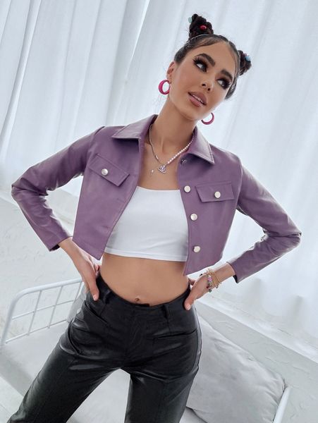 

flap detail crop pu leather jacket w51h#, Black;brown