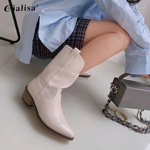 

boots cialisa women shoes 2021 zipper white pointed toe high heel boot genuine leather wedge mid calf western boot1, Black
