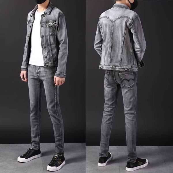 

men's korean fit slim elastic grey denim jacket suit fashion, Black;brown