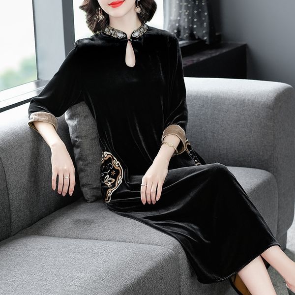

roy dressembroidered silk dress 2020 autumn new design heavy work embroidery silk velvet loose women's dress 3l1dr, Black;gray