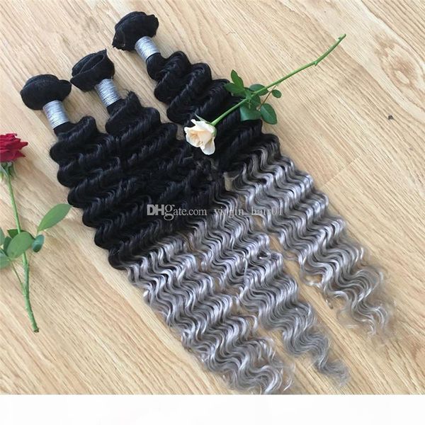 

gray brazilian deep wave 3pcs lot ombre silver grey hair weave bundles 1b grey two tone brazillian virginn human hair extensions, Black;brown