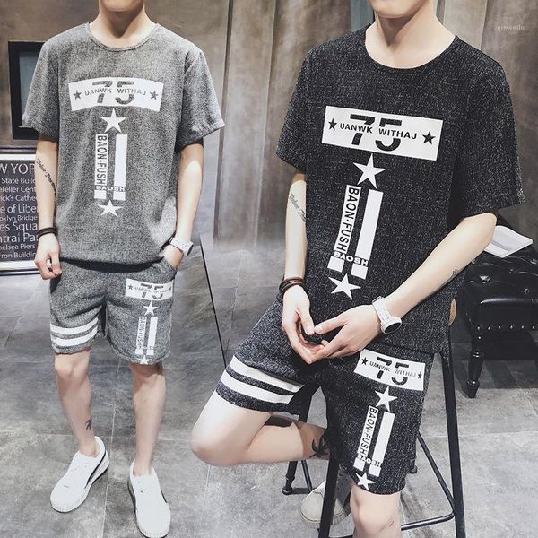 

2018 new fashion men's sets fashion casual alphabet print large size casual t-shirt + shorts sets1, Gray