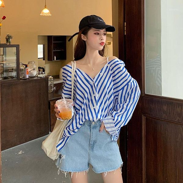 

stripe blouse women autumn long sleeved shirts fashion off shoulder button blouses strap slash neck blouse clothes1, White