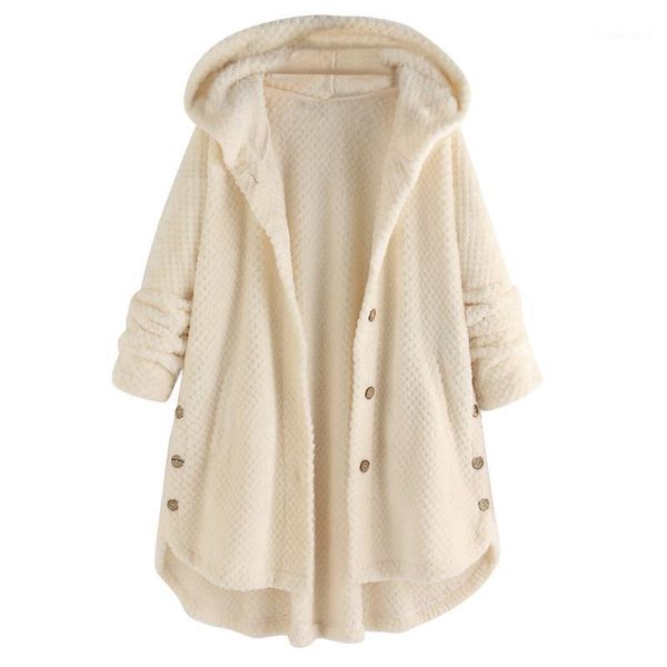 

women fleece irregular casual coat jacket winter button pocket solid hooded long sleeve coat female outwear plus size 5xl1, Black;brown