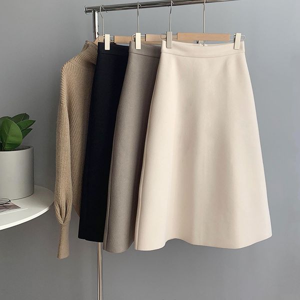 

new 2021 spring high waist pure color woolen elegant line casual long falda femme jupe skirt oen7, Black