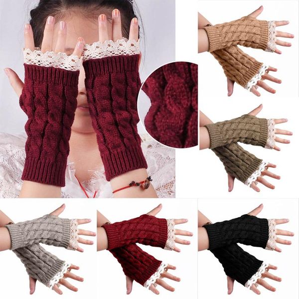

fast delivery women' casual solid knit lace mittens fingerless half knitted gloves women winter warmer guantes, Blue;gray