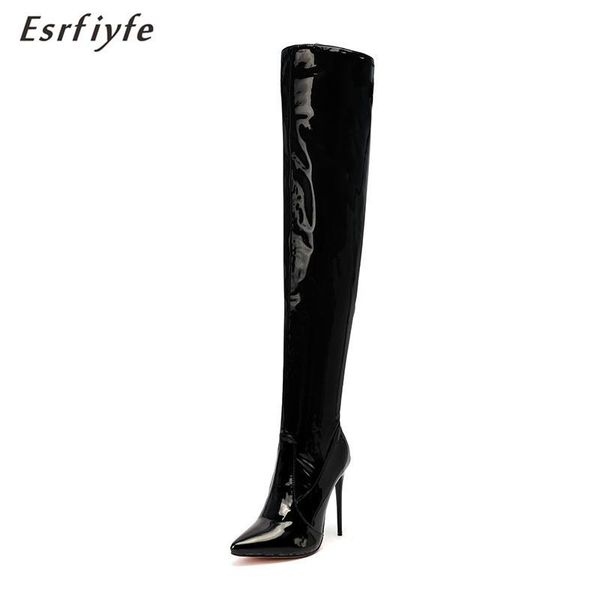 

esrfiyfe 2020 новая sexy тонкие высокие каблуки женщин сапоги колено высокие сапоги toe остроконечные женская обувь осень обувь супер большо, Black