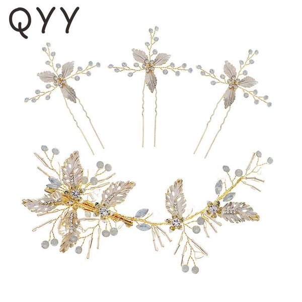 

клипы qyy handmade листьев заколки для волос для женщин аксессуары цвета золота ручной rhinestone волос венчания партии головной убор ювелир