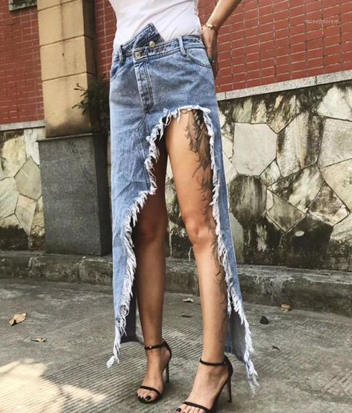 

skirts 2021 summer retro old irregular fuzzy edge split high waist denim skirt female holographic womens gothic skirt1, Black
