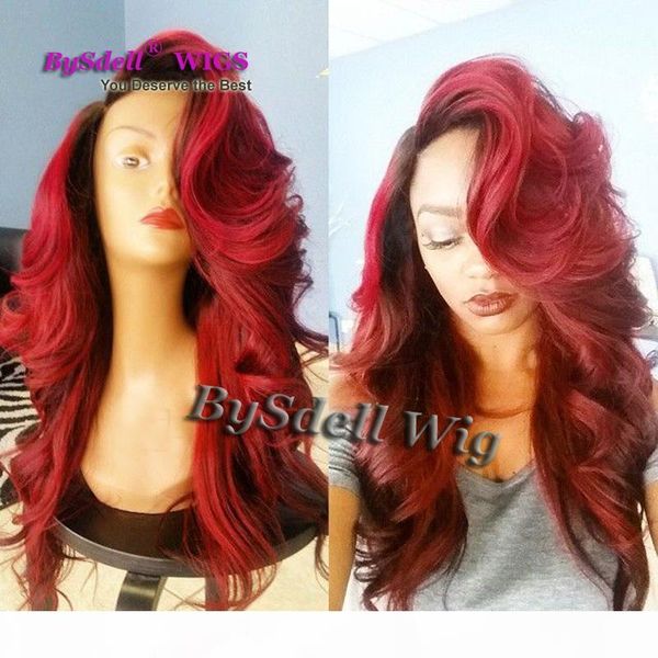 

new arrival synthetic lace front wig side part black root ombre burgundy red color body wave hair big fringe wigs for black women