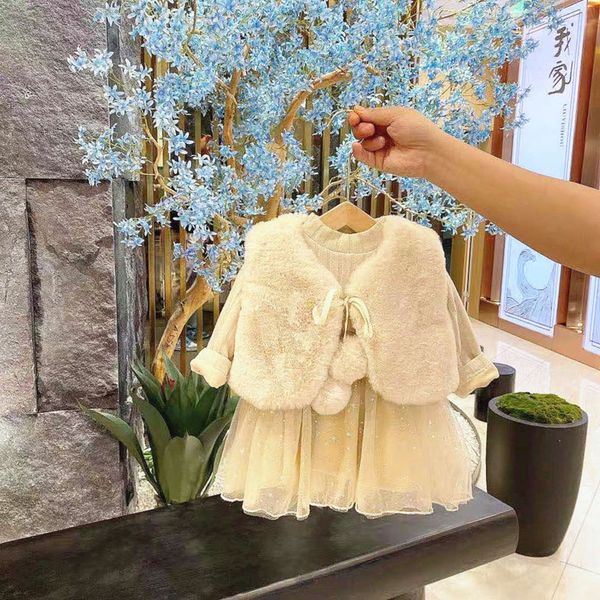 

sle red suit wtern childhood net girl's winter drs children's rabbit plush princs skirt two piece setnprl, Red;yellow