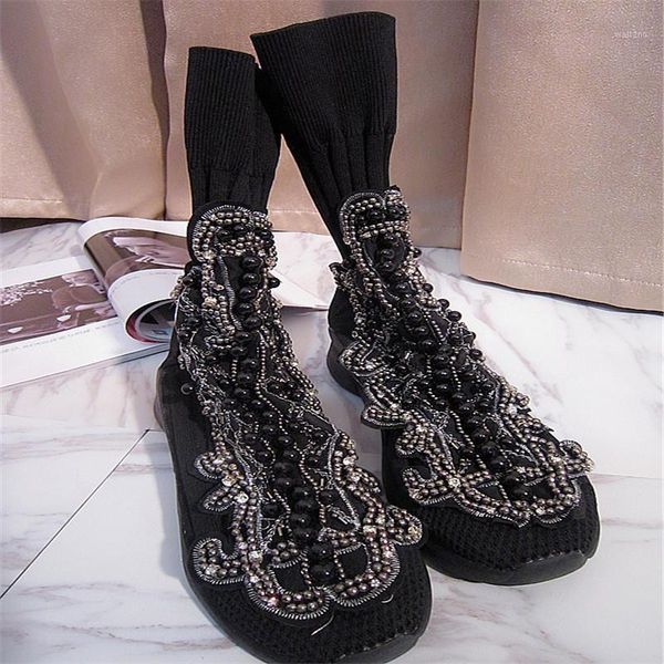 

fashion summer black elastic cloth breathable thickening sole european and american casual flat custom bling crystal socks boots1