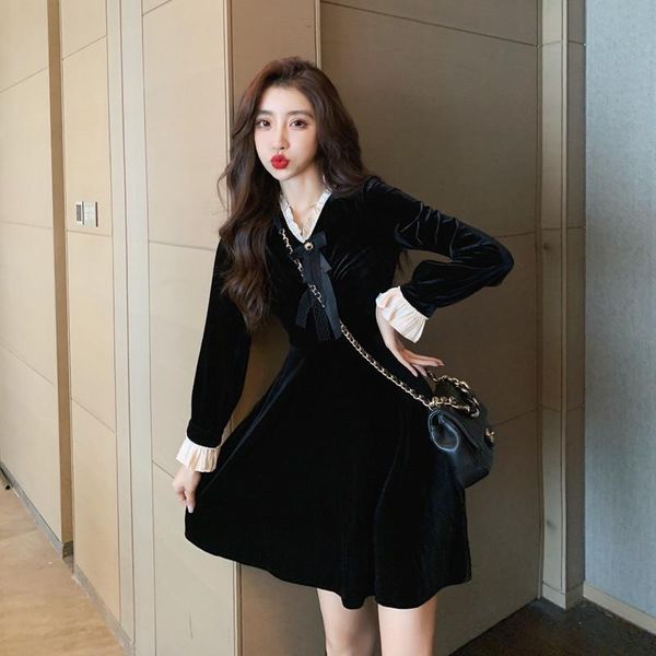 

new elegant fashion sweet women spring autumn velvet slim tunic dress lady v neck long sleeve dresses, Black;gray