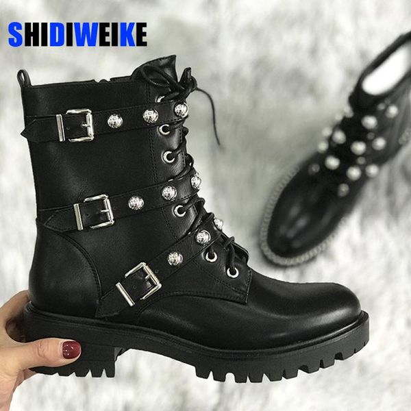

brand 2020 fashion rivet square heels ankle boots customized shoes motorcycles boots women ac088, Black
