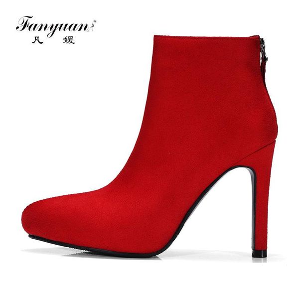 

fanyuan high heel ankle boots new arrivals fashion women zip ankle boots casual faux suede pointed toe high heels wedding shoes, Black