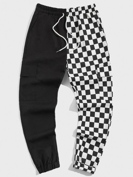 

romwe guys colorblock plaid pants i8bw#, Black