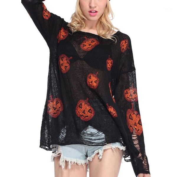 

women halloween pumpkin punk print autumn pullover personalized hole knitted sweater long sleeve see-through female1, White