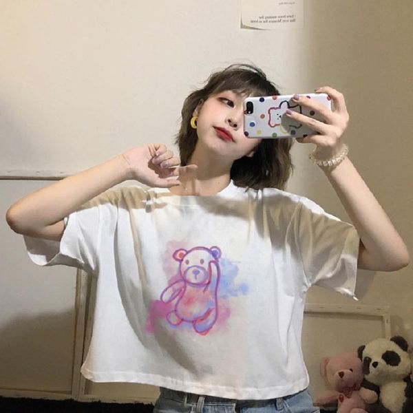 

aq9mt short women's new coat t-shirt summer women's red sptsq bear korean sleeve t-shirt for net fashion loose short navel fashion, White