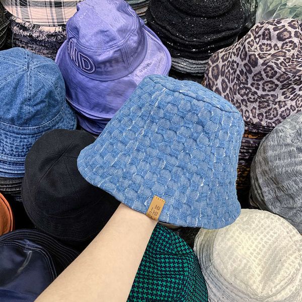 

plaid woven flat denim bucket new korean chic fisherman's hat fashion, Blue;gray