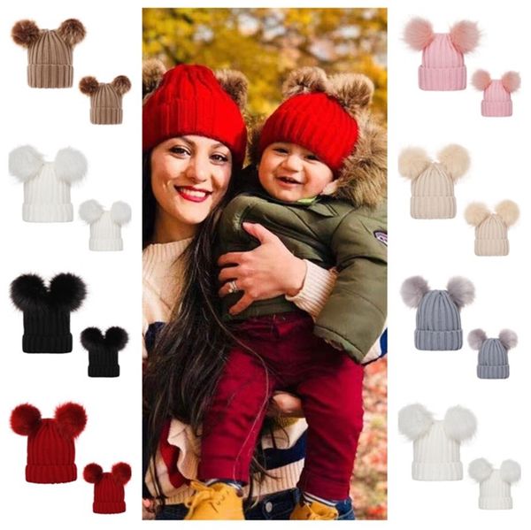 

мама девушки матч вязания шапочки hat ребристые knit шлема зимы с 2 pom большой бал женщин 0-3 лет baby дети череп caps tuque headwear e1019, Yellow