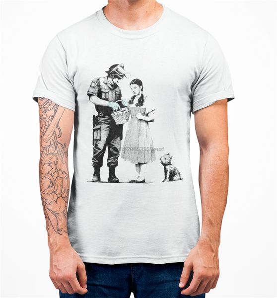 

banksy art police officer inspecting men's printed white cotton t-shirt custom screen printed tee shirt sport hooded sweatshirt hoodie