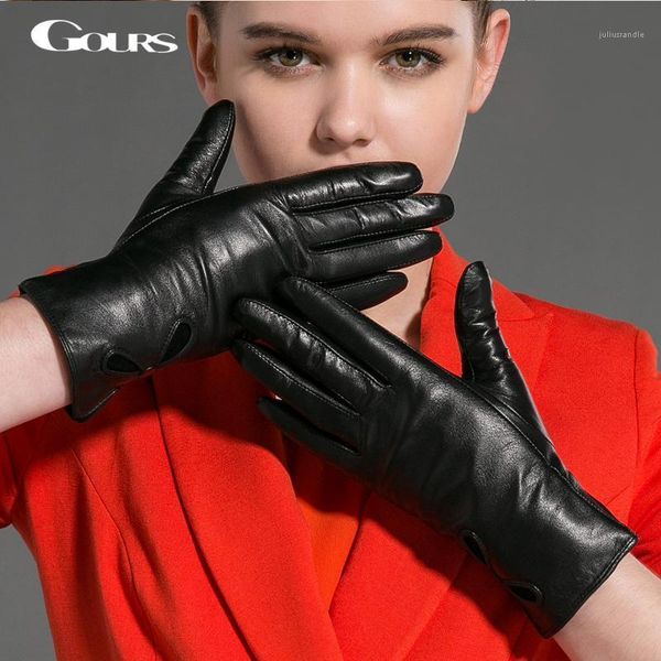 

five fingers gloves gours women' winter genuine leather fashion brand black warm driving glove goatskin mittens guantes gsl0181, Blue;gray