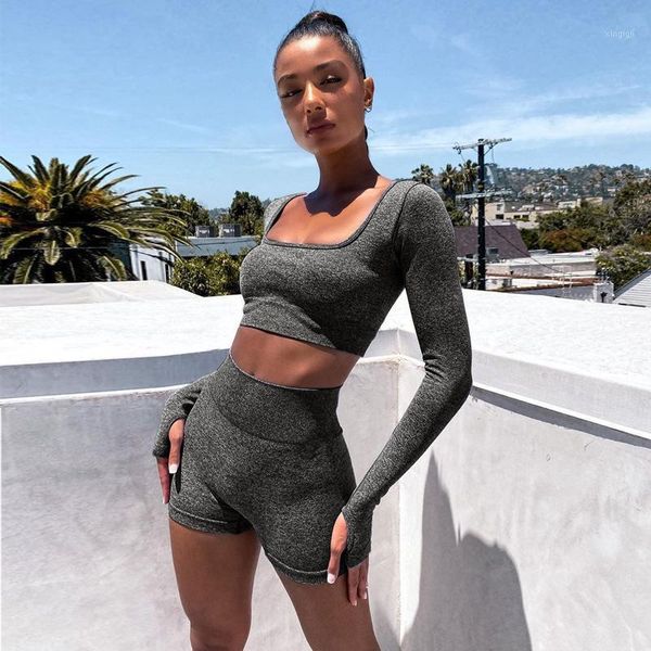 

gym clothing 2021 fashion women workout fitness suit sets long sleeve crop high waist short leggings 2 piece sports yoga running outfits, White;black