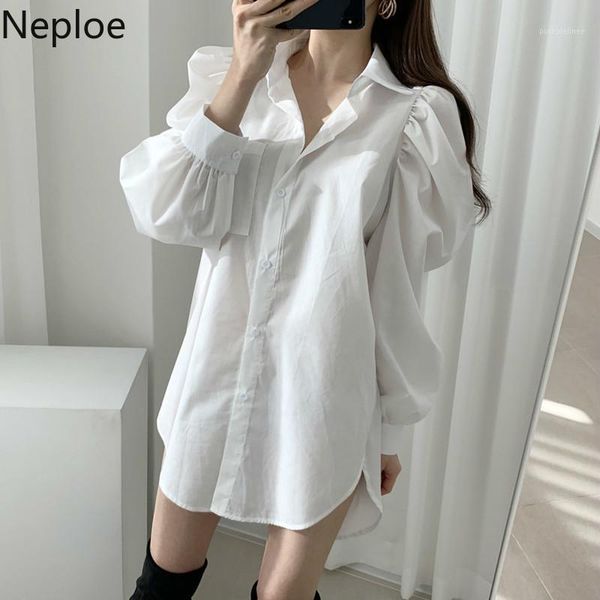 

neploe 2020 women elegant long shirt women solid turn down collar puff sleeve blouse female casual white office lady 1a5911