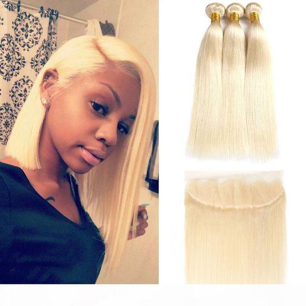 

real 613 blonde human hair extensions brazilian virgin hair weave bundles with 13x4 part lace frontal silky straight no tangle, Black;brown