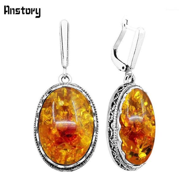 

big oval flower simulated ambers earrings antique silver plated party hollow special hook fashion jewelry te3571