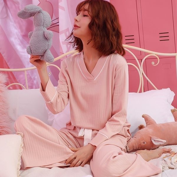 

korean pajama women winter long sleeve cottonwide leg pants loose cotton home clothing pajamas set pyjamas women 210203, Black;red