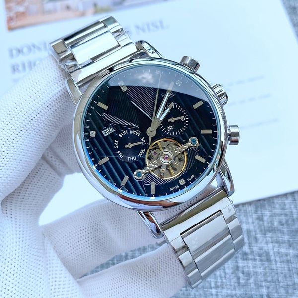 

2021 new luxury mens watches large flywheel five stitches work automatic mechanical watch designer brand steel strap fashion gift style, Slivery;brown