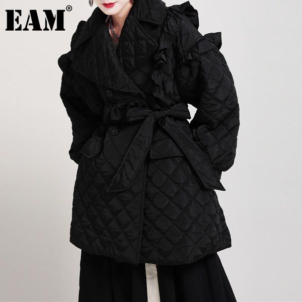 

women's down & parkas [eam] ruffles black bandage cotton-padded coat long sleeve loose fit women fashion tide autumn winter 2021 1dd216