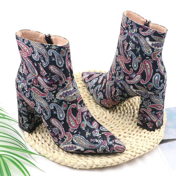 

paisley pattern толстый каблук остроконечные ботильоны calico супер высокий каблук боковые молнии элегантные дамы короткие сапоги multicolor, Black