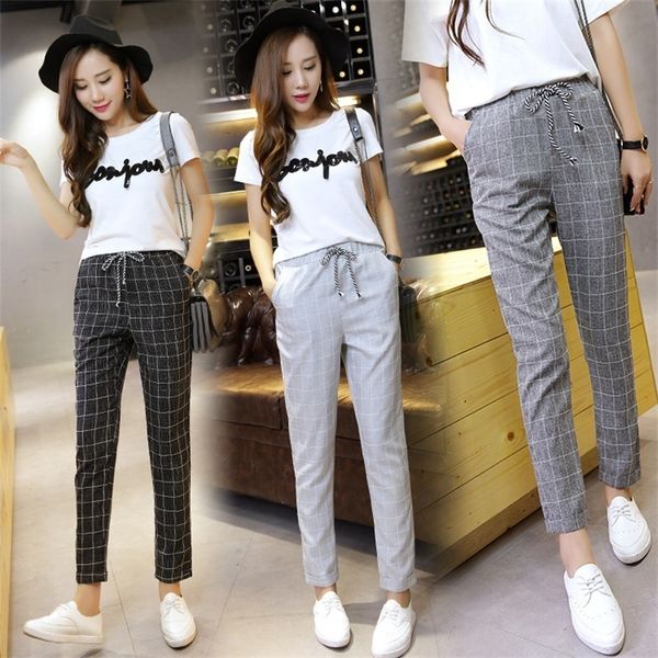

spring summer women harem pants elastic waist plaid casual loose pants fashion ankle-length straight pants vintage trousers 201031, Black;white