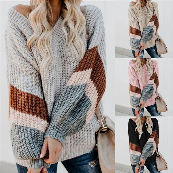 

women's sweaters v neck striped patchwork sleeve knit sweater women loose pullover fall and pullovers fashion, White;black
