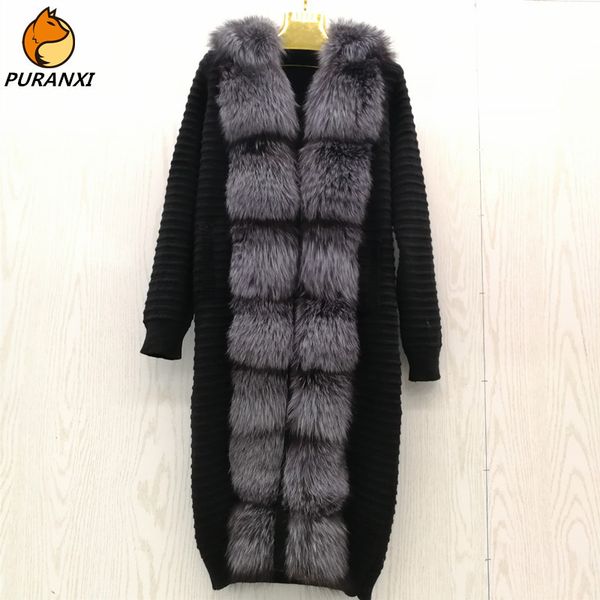 

real natural fox fur coat sweater cardigan women's genuine wool knitting with fox collar long warm winter autumn outerwear 201031, Black